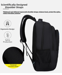 Detail of ergonomic padded shoulder straps and breathable mesh back on black backpack