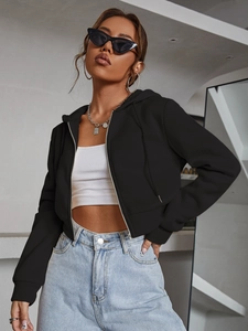 Women Black Cropped Zip Up Hoodie Long Sleeve Streetwear Slim Fit Polyester Hooded Sweatshirt