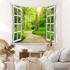 Detail showing 3D forest window tapestry as a backdrop above a bed in a modern bedroom