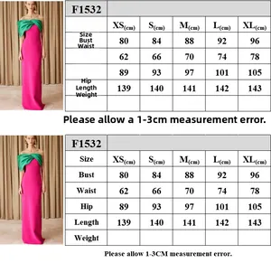 Size chart detail for elegant fishtail evening dress showing XS to XL measurements