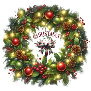 Christmas wreath wall sticker with green pine needles, red ornaments and glowing lights