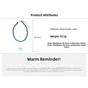 Double layer heart pendant necklace with blue glass beads and detailed dimensions
