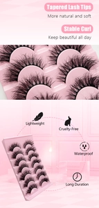 Detail view of 7 pairs of soft faux mink lashes in pink packaging with stable curl features
