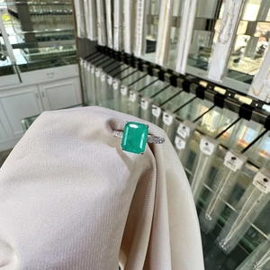 Silver ring with 8x10mm emerald-cut green gemstone and cubic zirconia accents