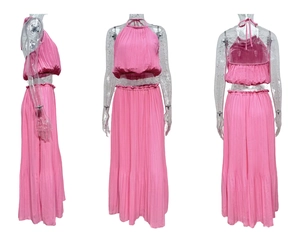 Three-view layout of pink pleated two-piece set with halter crop top and maxi skirt