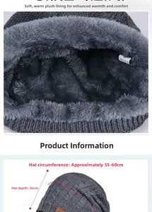 Detail of warm winter knit hat showing grey faux fur lining and size dimensions