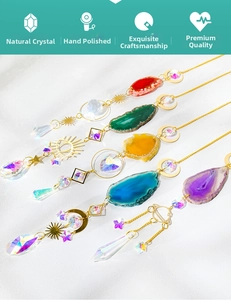 Detail of five assorted natural agate suncatchers with crystal prisms and celestial charms