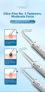 Detail of 0.01mm precision stainless steel tweezers set with 125, 45, and straight tips