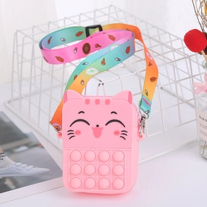 Pink cat silicone pop-it crossbody bag with rainbow strap for kids and adults