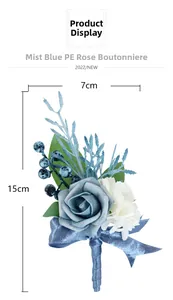 Detailed view of dusty blue PE rose boutonniere with dimensions 15cm x 7cm for weddings