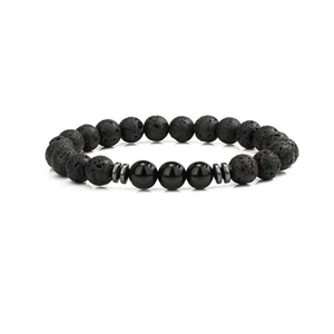 Detailed close-up of matte lava stone beads and polished obsidian with silver spacers