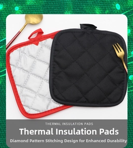 Detail of diamond quilted thermal insulation pads in black and silver with hanging loops