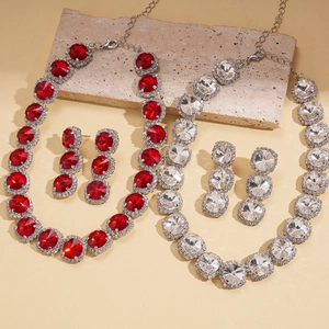 Luxe two-piece geometric rhinestone circle necklace and earring jewelry set for women