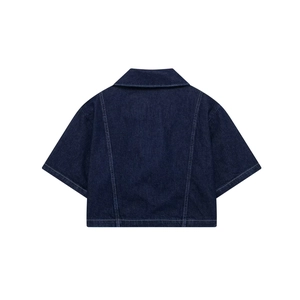 Back view of a cropped dark blue denim shirt with high-quality stitching and texture