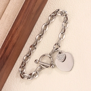 Silver heart pendant toggle bracelet in stainless steel with pavé heart charm