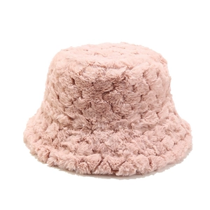 Winter plush bucket hat in dusty pink faux fur with unique woven checkered texture