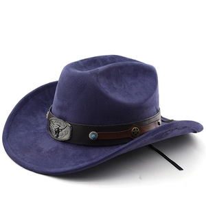 Detail of navy blue felt fedora with embossed bull head buckle and turquoise stud