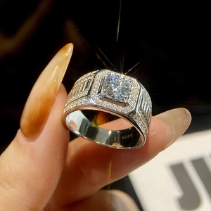 Luxurious S925 sterling silver moissanite ring for men with brilliant diamond accents