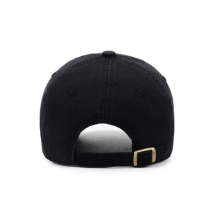 Rear view of vintage black washed cotton baseball cap with adjustable bronze metal buckle
