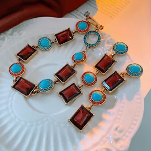 Vintage gold OT buckle bracelet with turquoise and red crystal bohemian details