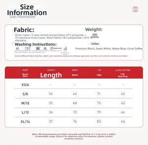 Size chart for quick-dry athletic tennis skirt featuring fabric composition and measurements