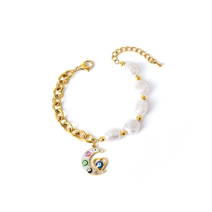 Golden chain and pearl charm bracelet with devil eye moon and heart pendants