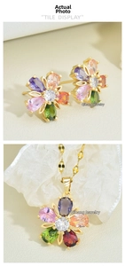 Detail of five-petal flower jewelry set with multi-color zircon stones and gold plating