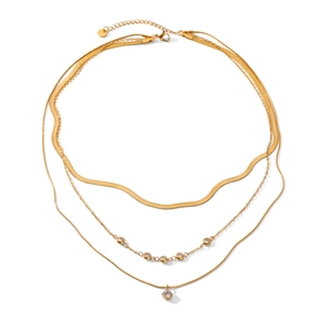Three-layer gold titanium steel necklace with layered chains and zircon pendants