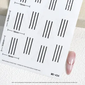Macro detail of French manicure guides with clear adhesive and black geometric lines
