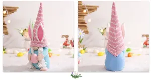 Front and back detail of a plush Easter gnome with bunny ears holding a striped egg