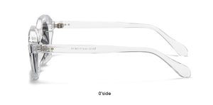 Side view detail of transparent polygonal glasses frame with silver metal hinges