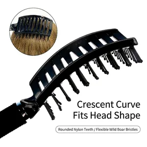 Curved boar bristle hair brush with nylon pins and ergonomic handle for scalp massage