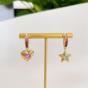 Asymmetric gold star and heart drop earrings with colorful micro-inlaid cubic zirconia