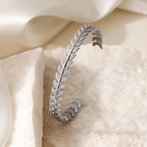 Silver 18K gold plated stainless steel open cuff bracelet with leaf texture on stone