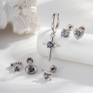 Titanium Steel Grey Zircon Ear Piercing Studs Dragon Claw Saturn Heart Cross Screw Back Gothic Punk Earrings Unisex