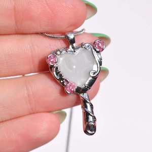 Heart Shape Mirror Pendant Necklace Copper With Zircon And Rose Flower Decoration Retro Style For Women