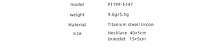 Specifications of titanium steel necklace and zircon bracelet showing weight and dimensions