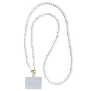 Long crossbody white pearl phone lanyard strap with gold lobster clasp and clear patch