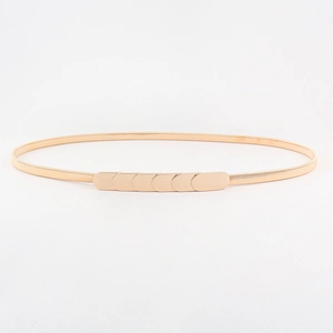 Close-up of golden elastic metal waist belt with flat oval links on white background