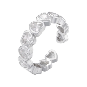 Sparkling silver open heart ring featuring micro-pave cubic zirconia for adjustable fit
