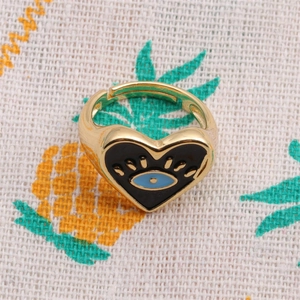 18k gold plated adjustable heart ring with blue evil eye enamel design for women