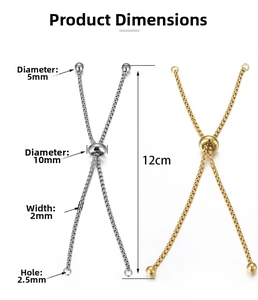 Detailed view of adjustable stainless steel slider chains with dimensions and 18k gold plating