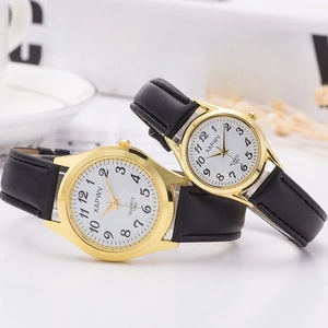 Classic gold stainless steel couple watches with black leather straps and white numeric dial