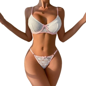 Lace lingerie set featuring white lace bra with pink trim and matching thong panties