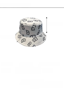 Detailed size specifications for the polyester bucket hat with dollar sign prints