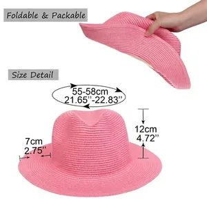 Foldable pink straw sun hat for women showing size details and packable design