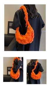 Detailed views of bright orange quilted cloud hobo bag showing front and side textures