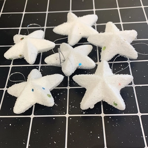 Set of 6 white foam snow stars with glitter and silver strings for Christmas tree decor