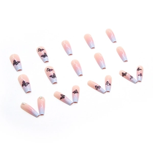 Gradient long ballerina press-on nails with marble texture, butterfly art and rhinestones