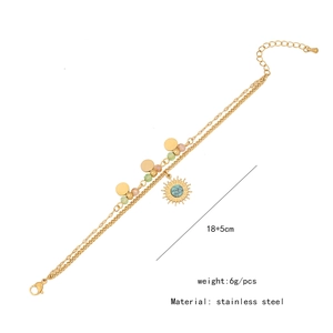 Detail of double-layer stainless steel bracelet with sun pendant and colorful beads